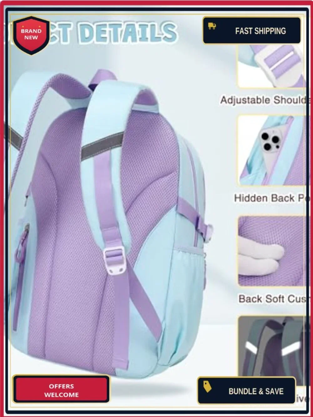 Girls School Backpack Set with Lunch Box and Pencil Case, Waterproof Nylon,